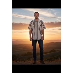 Wrangler Western Shirt Mens Medium White Blue Striped Pearl Snap Excellent Short